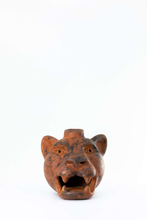 Jaguar Head Clay Candle Holder | Smoked Brick